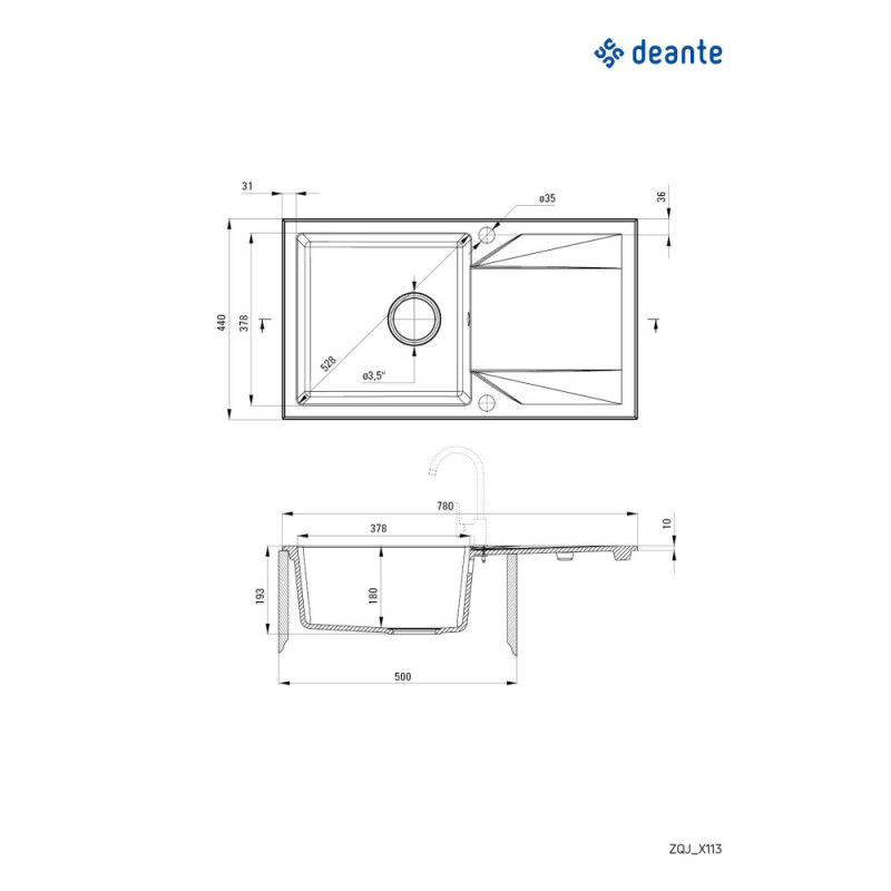 Deante Kitchen sink granite, rectang., with drainboard, 780х440х193mm, bowl - 1, over-mounted, metallic graphite (ZQJ_G113)