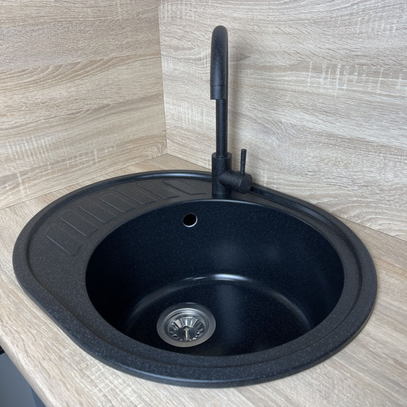 Adamant Kitchen sink Ovum, artificial stone, oval, with drainboard, 615х495х200mm, bowl - 1, over-mounted, black (000008377)