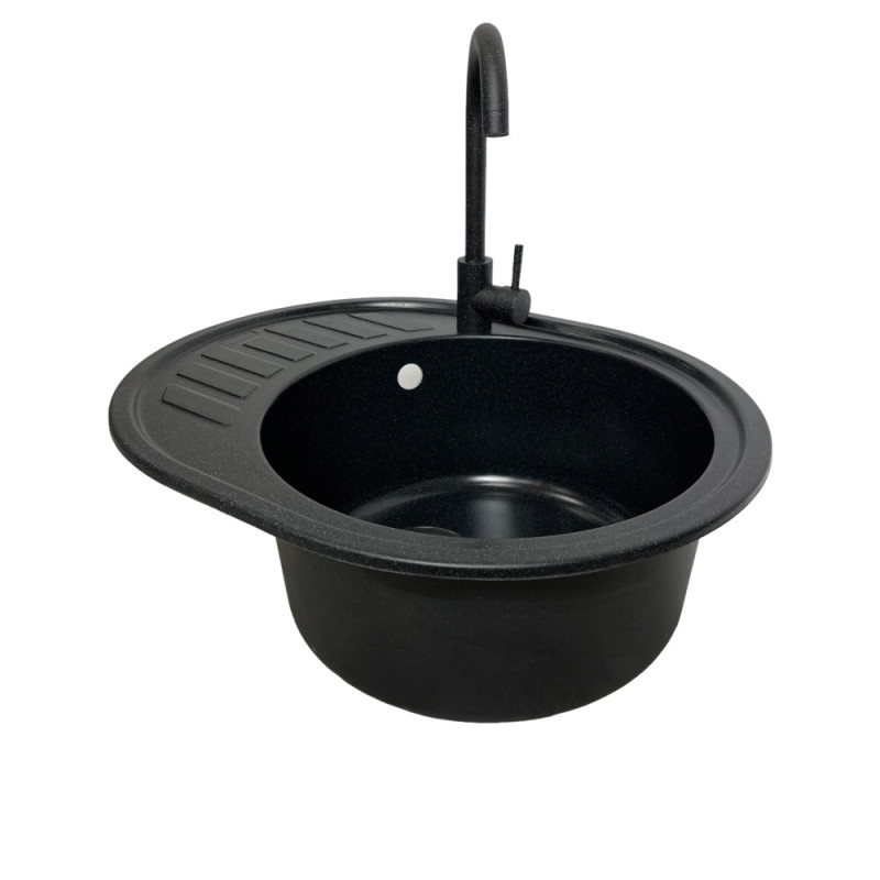Adamant Kitchen sink Ovum, artificial stone, oval, with drainboard, 615х495х200mm, bowl - 1, over-mounted, black (000008377)