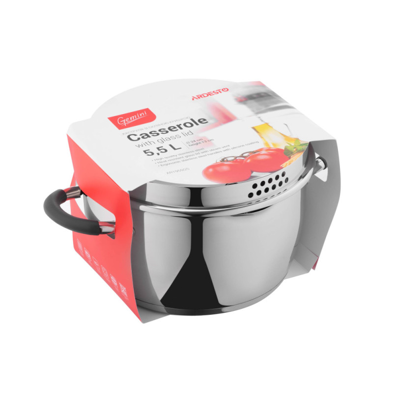 ARDESTO Casserole Gemini, glass lid, 5.5 l, stainless steel (AR1955GS)