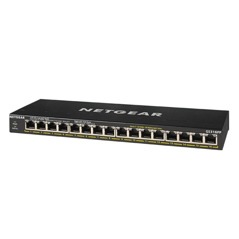 NETGEAR Комутатор GS316PP 16xGE PoE, 183Вт, Некерований (GS316PP-100EUS)
