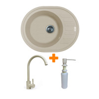 Adamant Набір кухонний Ovum, штучний камінь, овальна, з крилом, 615х495х200мм, чаша - 1, врізна, Avena + змішувач та дозатор (1824296900406)