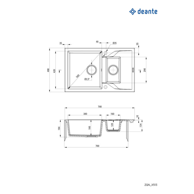 Deante Kitchen sink granite, rectang., with drainboard, 780х490х194mm, bowl - 1, over-mounted, beige