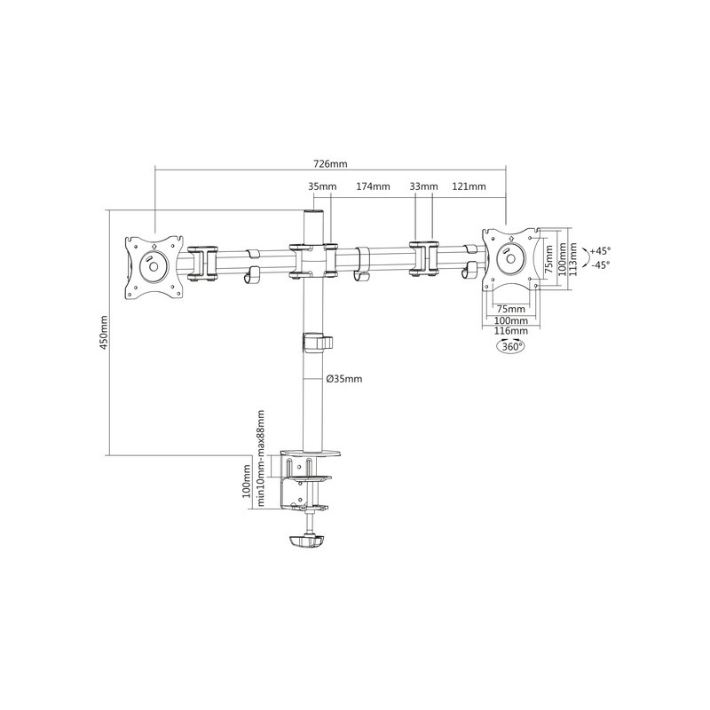 Digitus Крепление Dual Monitor Clamp, 15-27", с наклоном, поворотом (DA-90349)