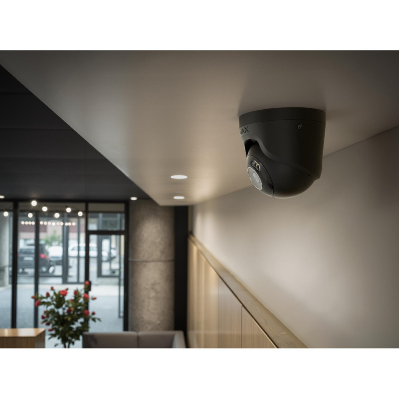 Ajax IP Wired Camera TurretCam HL black, 8MP, 2.8mm, hybrid illumination IR 35m, white LED 50m, PoE, True WDR, IP65, IR 35m, audio, viewing angle 100°–110°, turret, black (000059519)