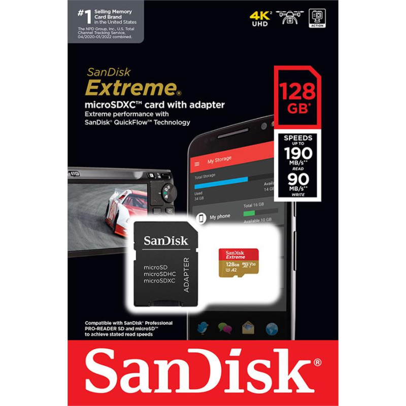 SanDisk Карта памяти microSD 128GB C10 UHS-I U3 R190/W90MB/s Extreme V30 + SD (SDSQXAA-128G-GN6MA)