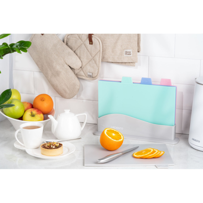 ARDESTO Cutting board set with stand Fresh, 4 pcs, 33,5х23,5х6.8cm, plastic (AR1404GP)