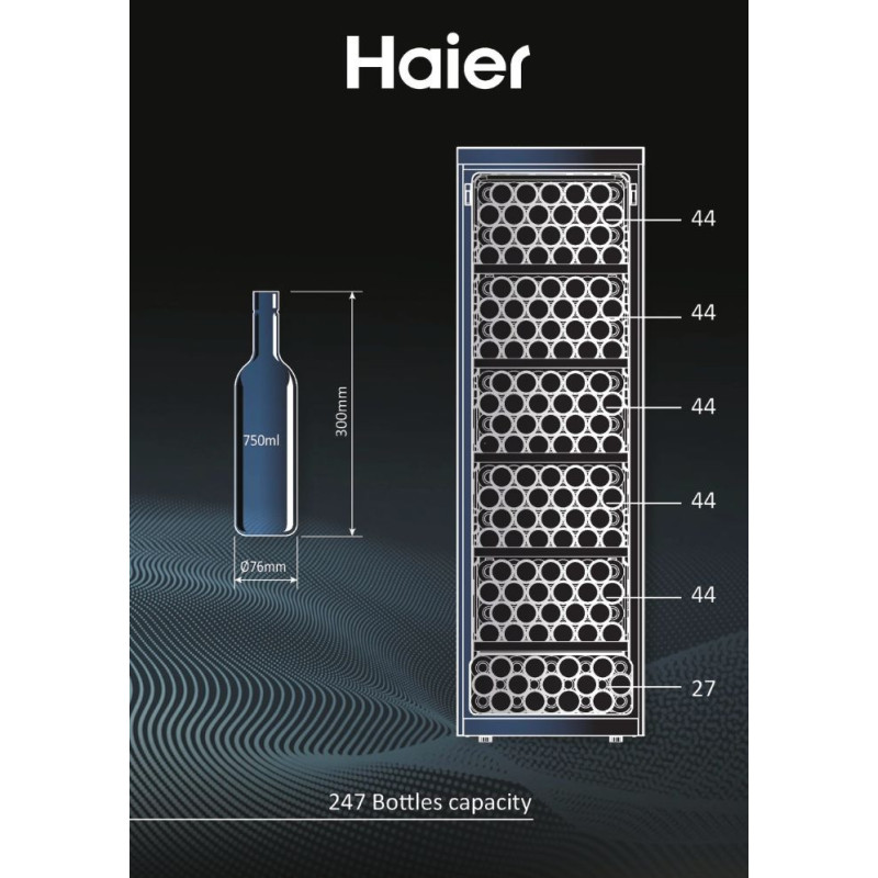 Haier Холодильник для вина, 190x59.5х71, холод.відд.-450л, зон - 1, бут-247, ST, дисплей, чорний (HWS247FDU1)