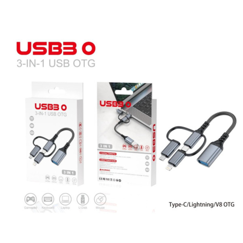 Переходник OTG USB 3.0 AF to USB-C + Micro 5P + Lightning 0.11m 60W XoKo (XK-AC-155)