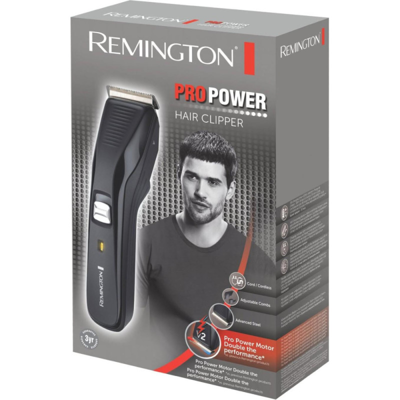 Remington Машинка для стрижки, сеть+акум., Pro Power мотор, насадок-2, сталь, черный (HC5200)