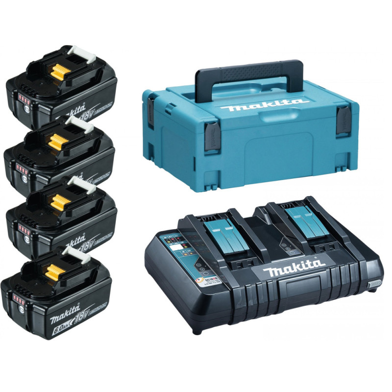 Makita Набор аккумуляторов + зарядное устройство 198091-4, LXT BL1860B x 4шт (18В, 6Ач) + DC18RD, кейс Makpac 3