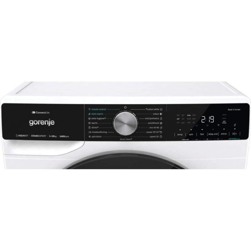 Gorenje Стиральная машина фронтальная, 10кг, 1400, A+++, 60см, дисплей, инвертор, пар, Wi-Fi, подсветка барабана, белый (WNS14A4TWIFI)