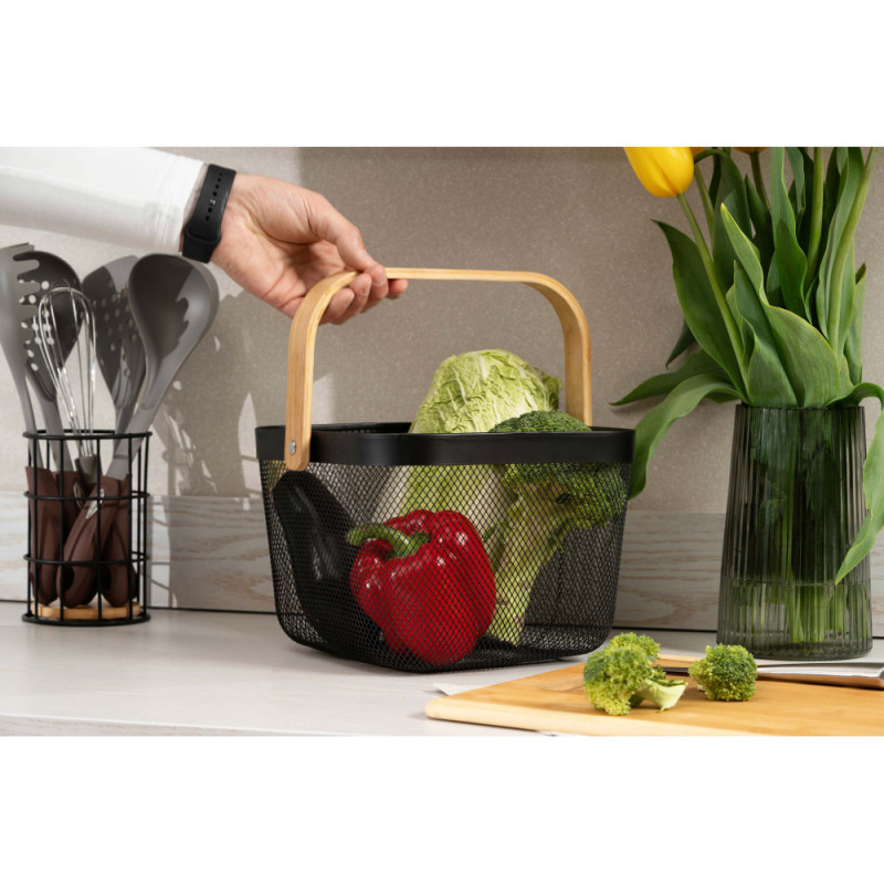 ARDESTO Basket with handle Midori 25х24.5х18cm, metal, bamboo, black (AR0901B)