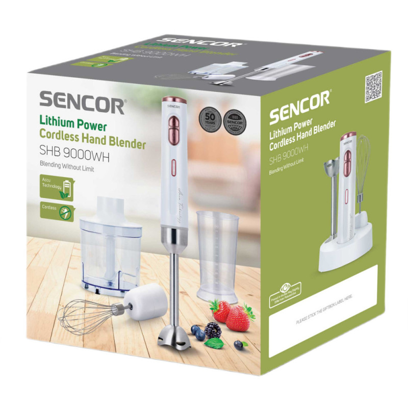Sencor Блендер заглибний Accu technology, 200Вт, 3в1, чаша-700мл, безпровідний, USB-C, білий (SHB9000WH)