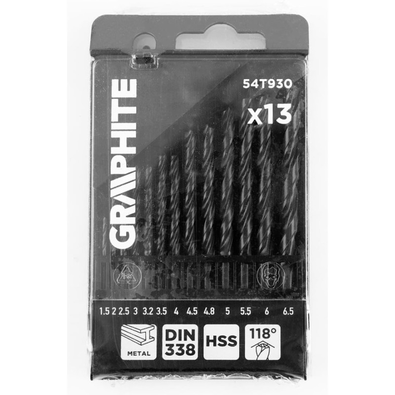 Graphite Набір свердел по металу GRAPHITE HSS зі швидкорізальної сталі HSS 1.5-6.5мм кейс 13шт (54T930)