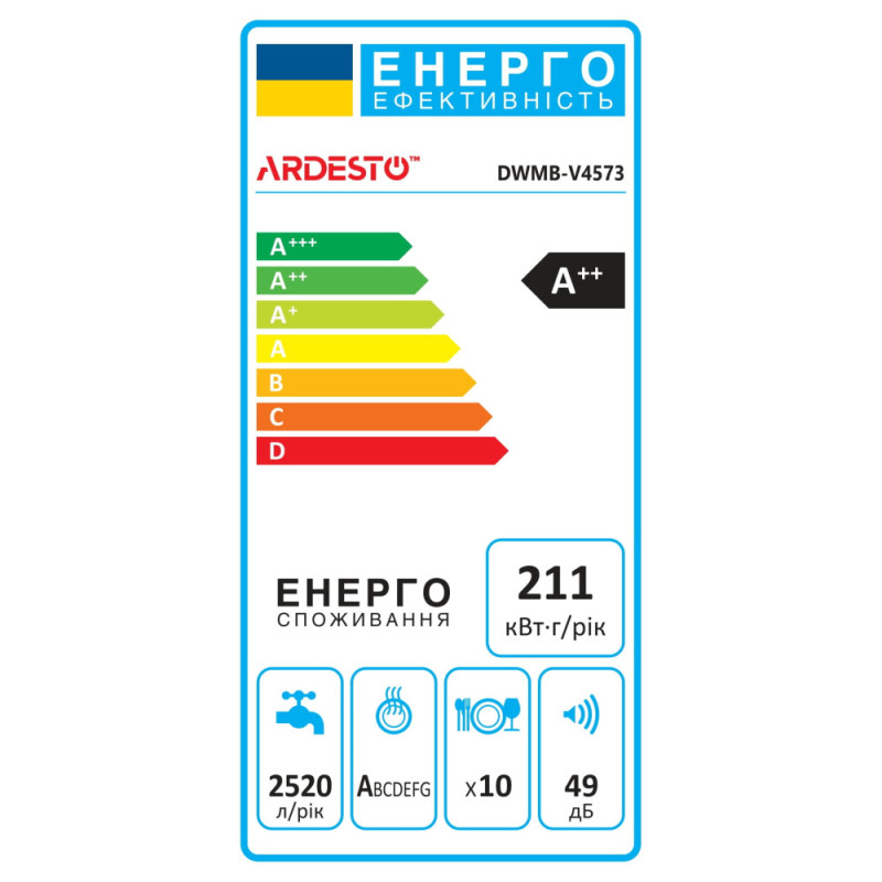 ARDESTO Посудомийна машина вбудовувана, 10компл., А++, 45см, 3й кошик, білий (DWMB-V4573)
