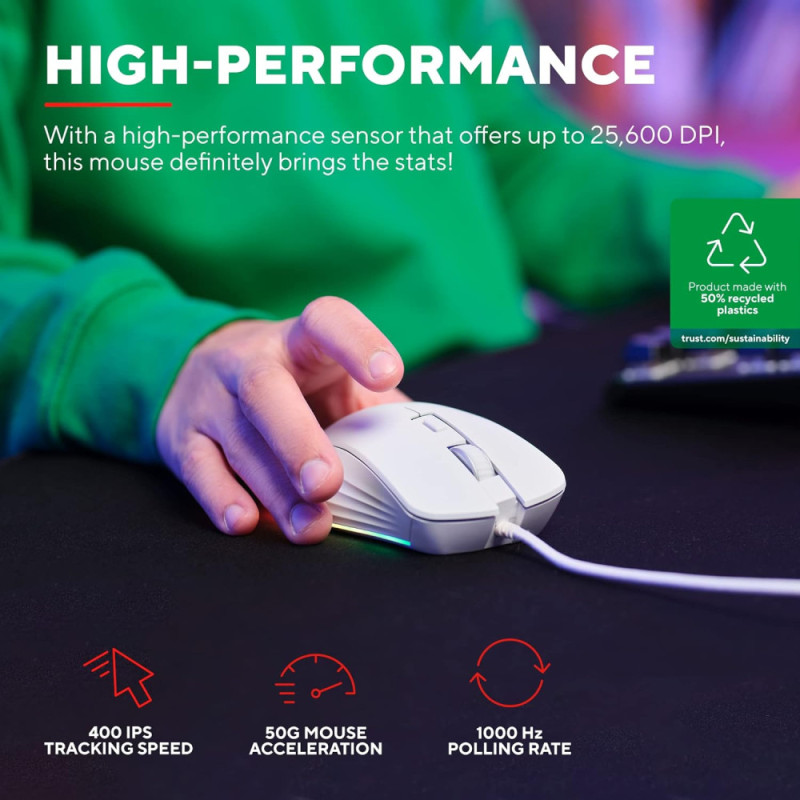 Trust Mouse GXT924 YBAR+, USB-A, White