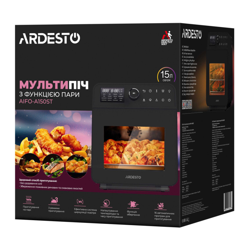 ARDESTO Мультипіч, 2250Вт, об'єм-15л, сенсорне керування, функція приготування на пару, 40-220°C, метал/пластик, біло-чорний (AIFO-A150ST)