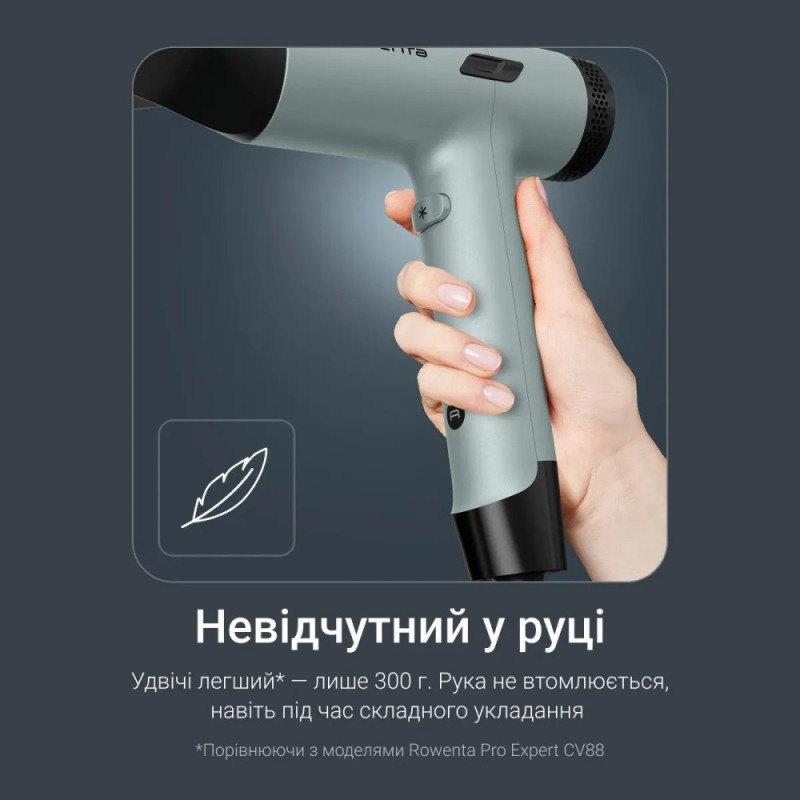 Rowenta hair dryer Tiny, 1600W, 3 modes, diffuser, ionization, cold blowing, green (HY7120E0)