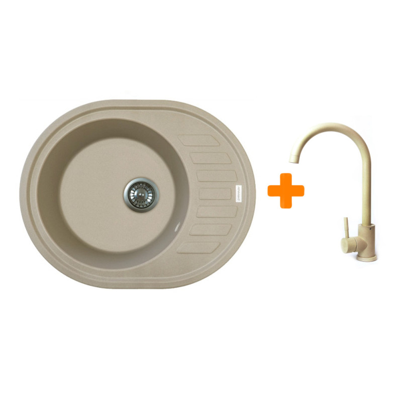 Adamant Kitchen sink Ovum, artificial stone, oval, with drainboard, 615х495х200mm, bowl - 1, over-mounted, Sahara + mixer (1824296910402)