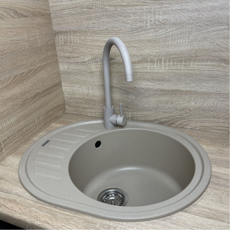 Adamant Kitchen sink Ovum, artificial stone, oval, with drainboard, 615х495х200mm, bowl - 1, over-mounted, Sahara + mixer (1824296910402)