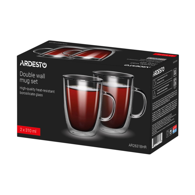 ARDESTO Double wall mug set with handles, 310ml, 2pcs, borosilicate glass, transparent (AR2631BHR)