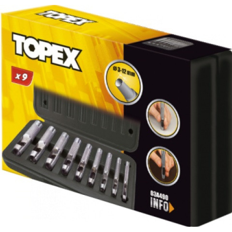 Topex Round hole puncher, cross maker, set of 9 pcs, 3-12mm, 195mm, case (03A490)