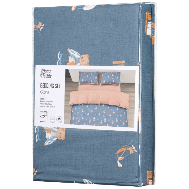 ARDESTO Bedding set 2.0 Gloria, sateen, duvet cover 200x220cm, bed sheet 230x240cm, pillowcases (2) 50x70cm, 100% cotton, teddy bears blue (ART2022TB)
