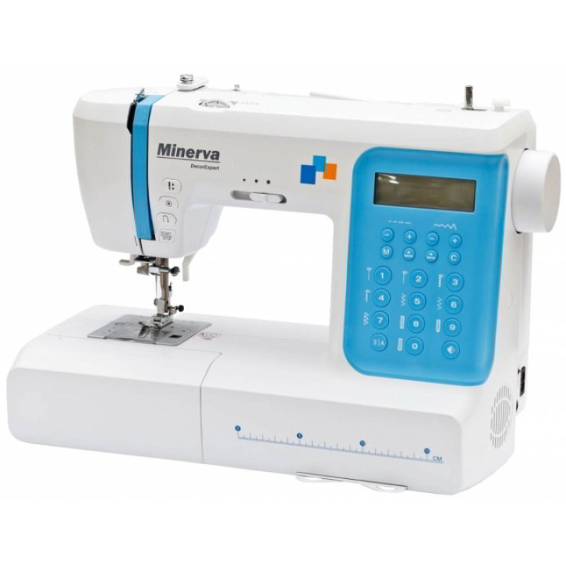 Minerva DECOREXPERT sewing machine, computerized, 70W, 197 stitches, automatic buttonhole, white+blue