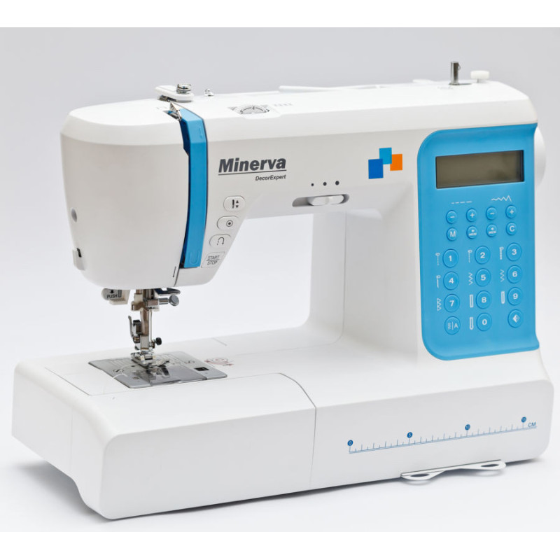 Minerva DECOREXPERT sewing machine, computerized, 70W, 197 stitches, automatic buttonhole, white+blue