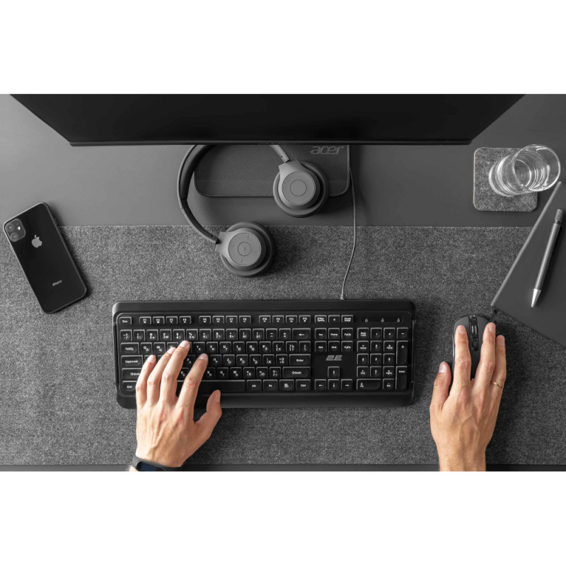 2E Keyboard membrane KS120 104key, USB-A, EN/UK/RU, White LED, black (2E-KS120UB)