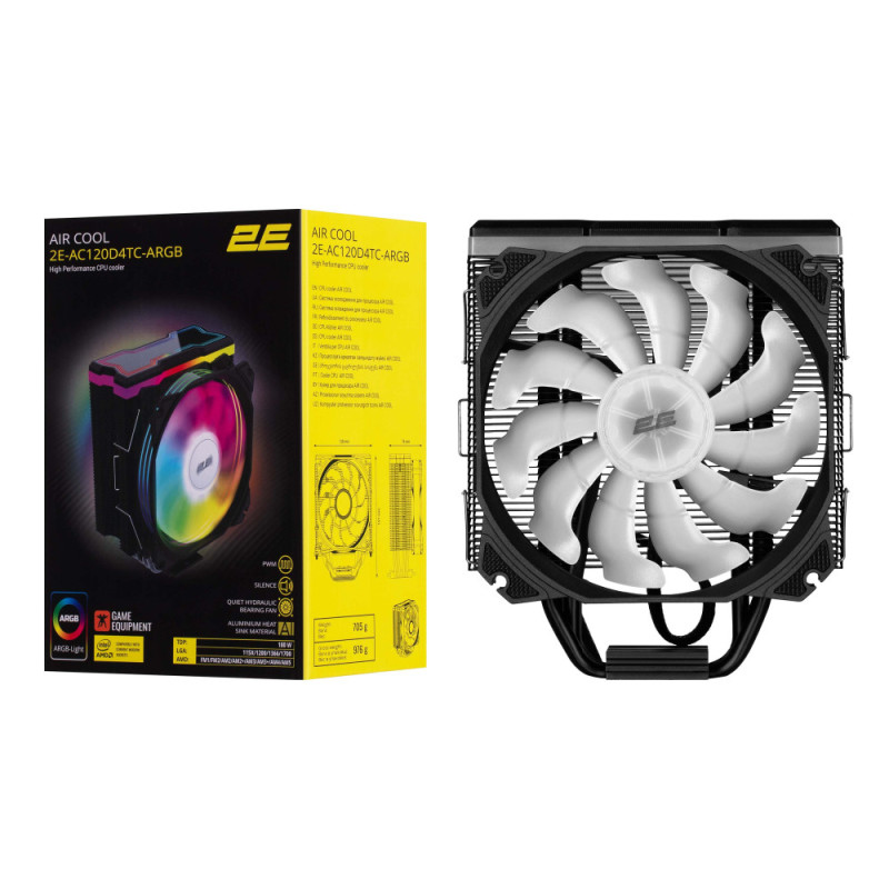 2E Gaming CPU cooler Air Cool AC120D4TC-ARGB, LGA1851, 1700, 1366, 1200, 115x, AM5, AM4, AM3, AM3+, AM2, AM2+, FM2, FM1, 4pin PWM, 3pin +5VARGB, TDP 180W (2E-AC120D4TC-ARGB)