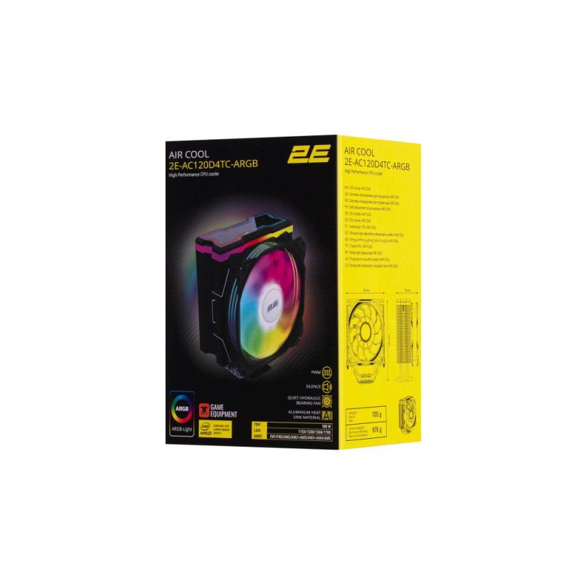 2E Gaming CPU cooler Air Cool AC120D4TC-ARGB, LGA1851, 1700, 1366, 1200, 115x, AM5, AM4, AM3, AM3+, AM2, AM2+, FM2, FM1, 4pin PWM, 3pin +5VARGB, TDP 180W (2E-AC120D4TC-ARGB)
