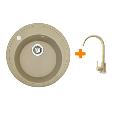 Adamant Набор кухонная Sun, искуственный камень, круглая, без крыла, 510x200мм, чаша - 1, врезная, Сахара + смеситель (4824296910102)