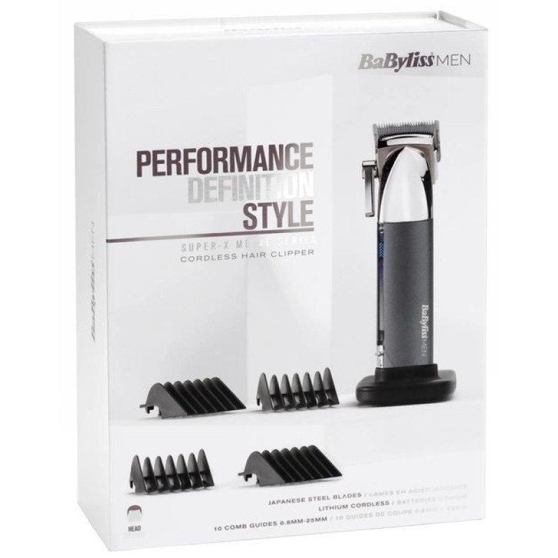 BaByliss Hair clipper, network+battery, vibration motor, nozzles-10, steel, case, cover, comb included., grey (E996E)