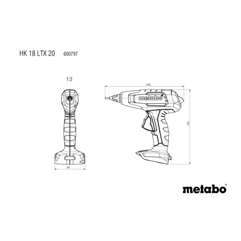 Metabo Cordless Glue Gun HK 18 LTX 20, 18В, diameter 11mm, 20g/min, 200/130 degrees, 0.4kg, SOLO (600797850)