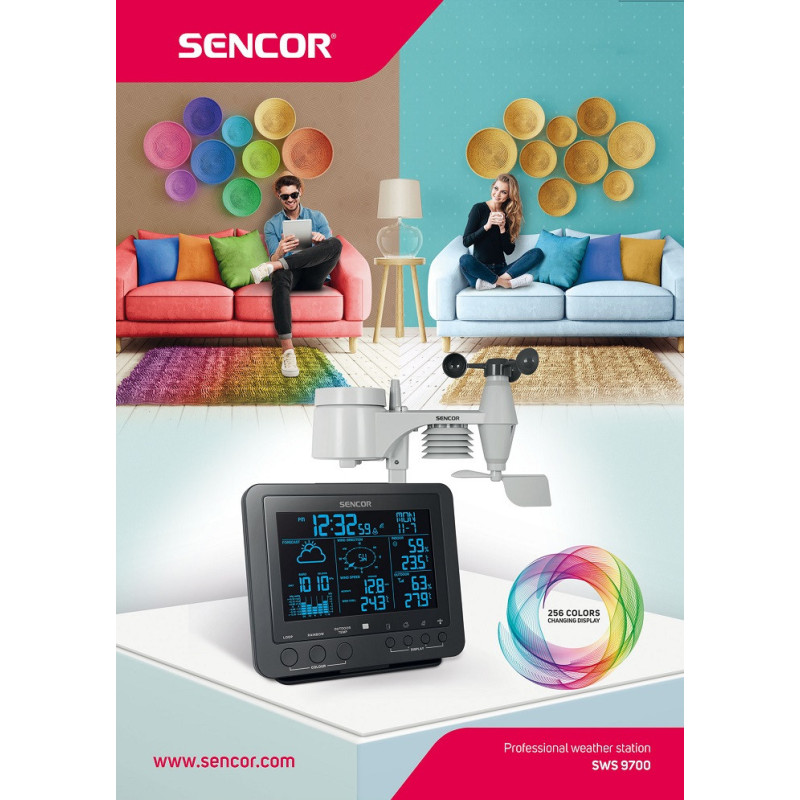 Sencor Метеостанція, внутр/зовн вимірювання, темп-ра, вологість, час, прогноз погоди, атмосферний тиск, шв. вітру, чорний (SWS9700)