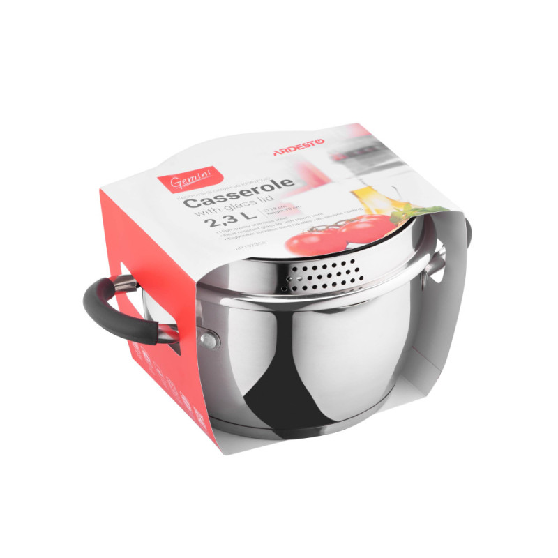 ARDESTO Casserole Gemini, glass lid, 2.3 l, stainless steel (AR1923GS)