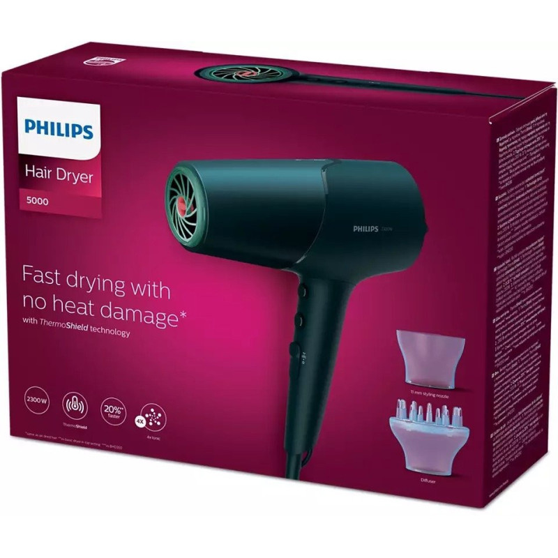Philips Hair dryer 5000 Series, 3W, 3 modes, diffuser, ionization, cold blowing, dark blue (BHD512/00)