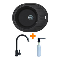 Adamant Набір кухонний Ovum, штучний камінь, овальна, з крилом, 615х495х200мм, чаша - 1, врізна, чорний + змішувач та дозатор (1824296900403)