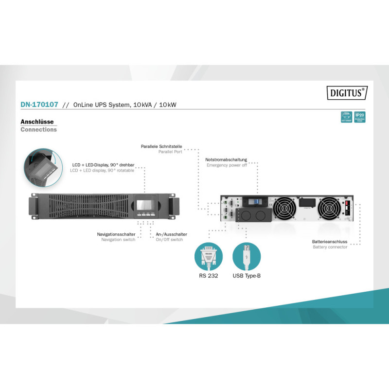 Digitus Силовий блок Power Module, 10kVA/10kW, LCD, Hardwire In/Out, RS232, USB, Rack/Tower (DN-170107)