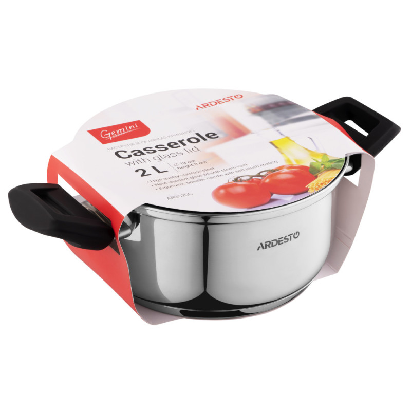 ARDESTO Casserole Gemini, glass lid, 2.0 l, stainless steel (AR3520G)