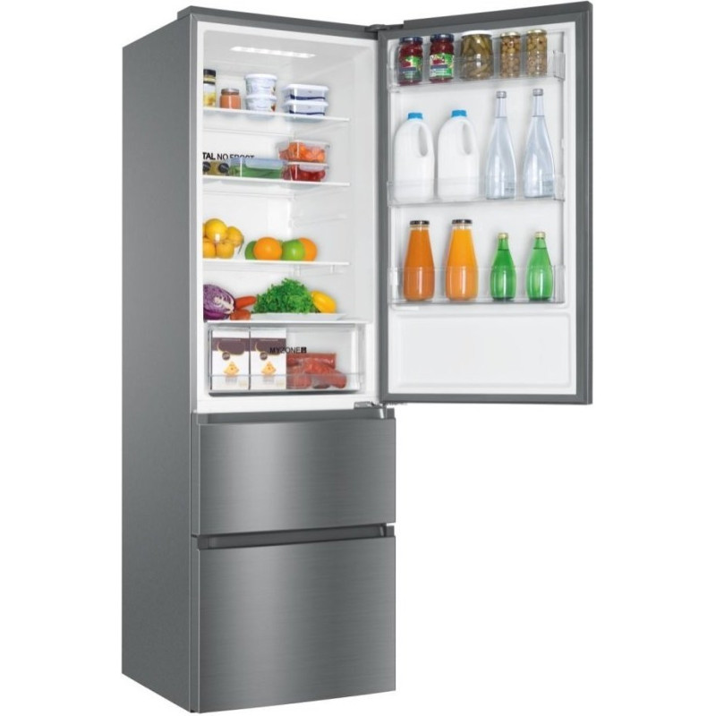 Haier Ref multi-door, 190.5x59.5х65.7, ref-233L, freez.-114L, 3doors, А++, NF, inv., display, fresh zone, silver (HTR3619ENMN)