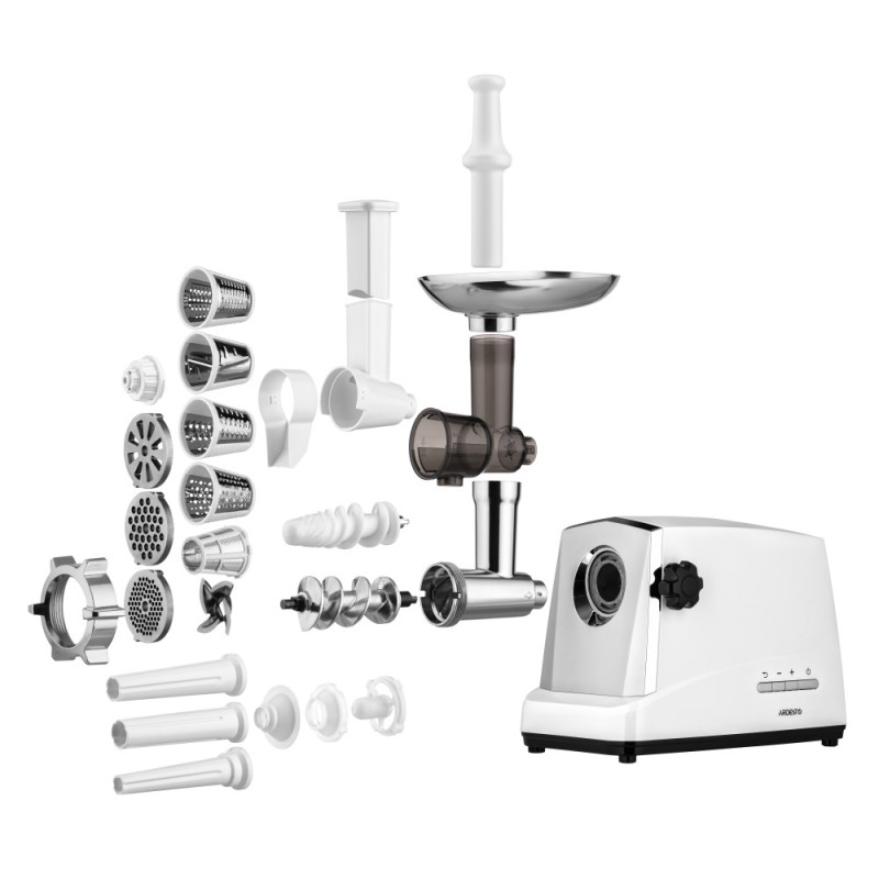 ARDESTO Meat grinder, 1750W, prod.-2 kg/min, 3 cutting plates+for sausag.plates, 4 veg., plastik, silver (MGA-2300J)