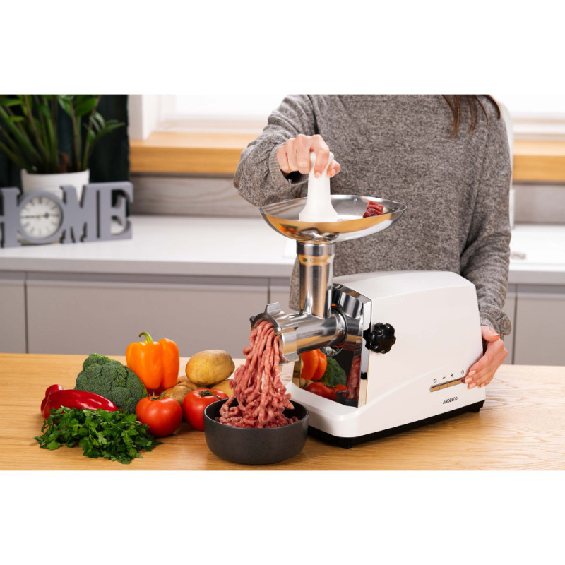 ARDESTO Meat grinder, 1750W, prod.-2 kg/min, 3 cutting plates+for sausag.plates, 4 veg., plastik, silver (MGA-2300J)