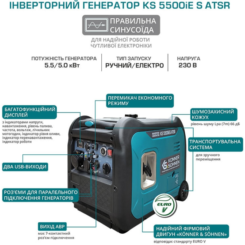Könner & Söhnen Inverter generator KS 5500iES ATSR, 230V, 5.5kW, electric starter, 52kg (KS5500IESATSR)