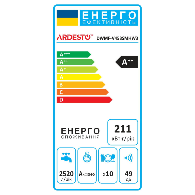 ARDESTO Dishwasher, 10sets, А++, 45cm, display, 3 basket, smart wash, extra hygiene, white (DWMF-V458SMHW3)