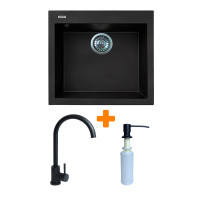Adamant Kitchen set Univer, artificial stone, square, no drainboard, 560х500х200mm, bowl - 1, over-mounted, black + mixer and dispenser (4824296902103)