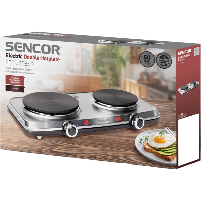 Sencor Плитка настольная электрическая, комф. - 2 на 1.5кВт и 1кВт, 15 и 18 см, управл. - мех., нерж. сталь (SCP2256SS)