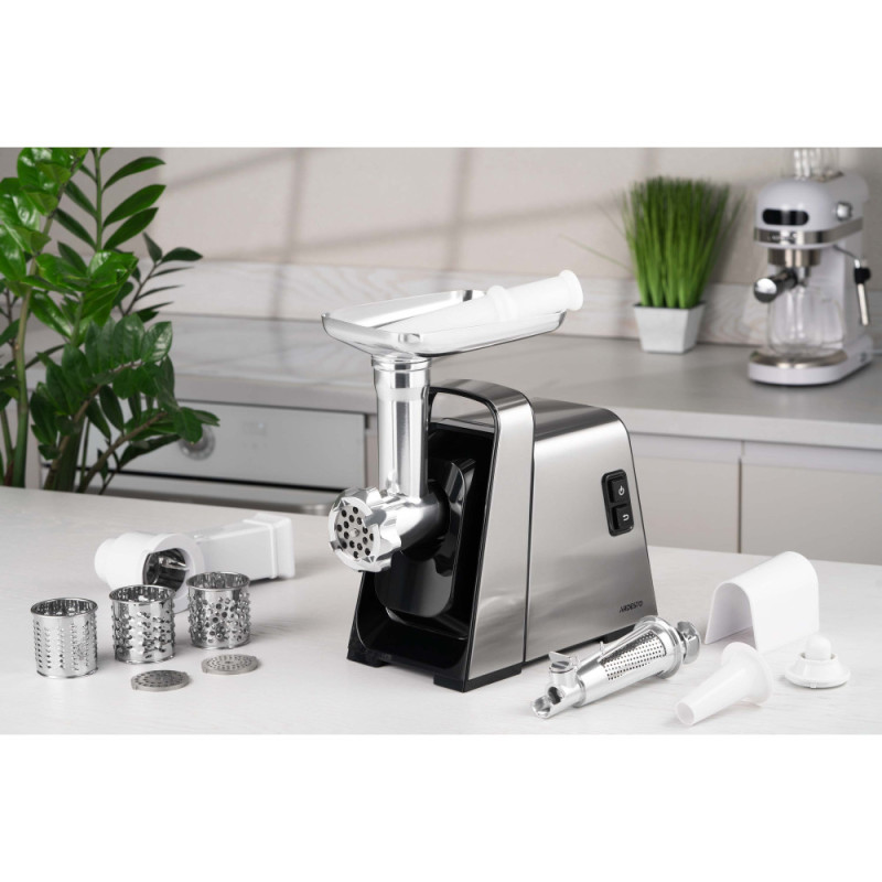 ARDESTO meat grinder, 2400W, 2.2kg/min, 3 cutting plates, sausages nozzle, 4 veg.slicer, tomato juicer, plastik, black-silver (MGK-2400)